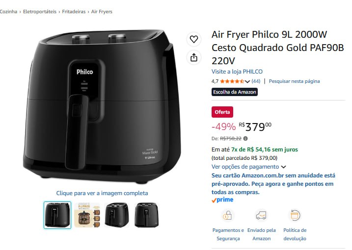 Air Fryer Philco 9L 2000W Cesto Quadrado Gold PAF90B 220V