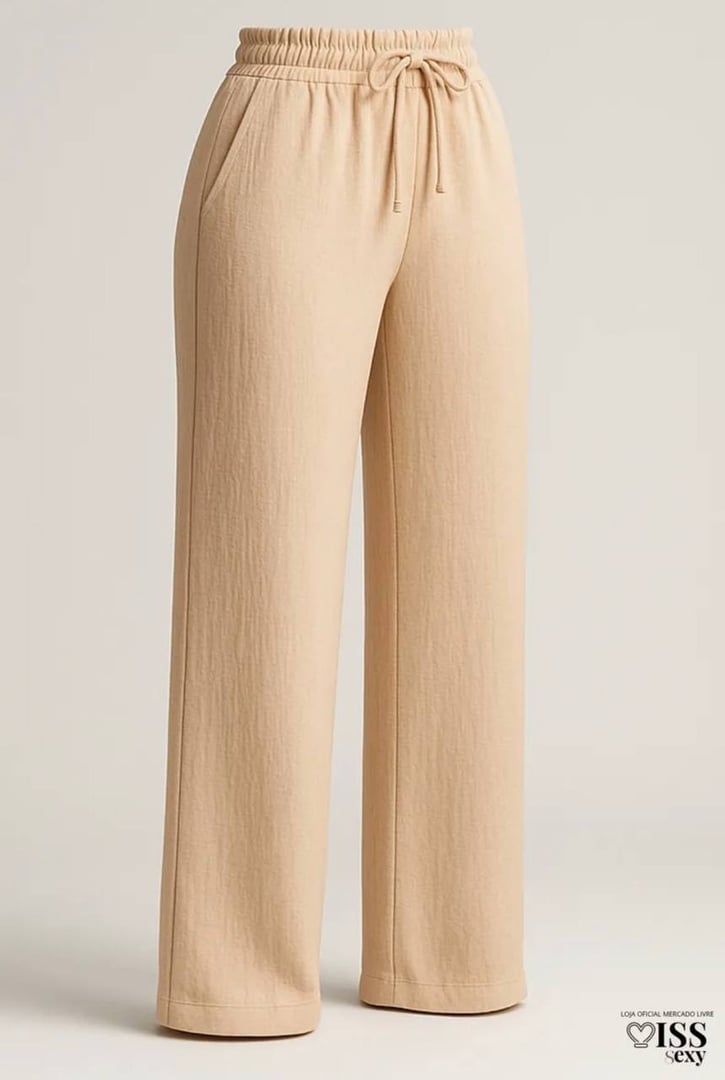 Calça Feminina Alfaiataria Wide Leg Social Pantalona Bege P