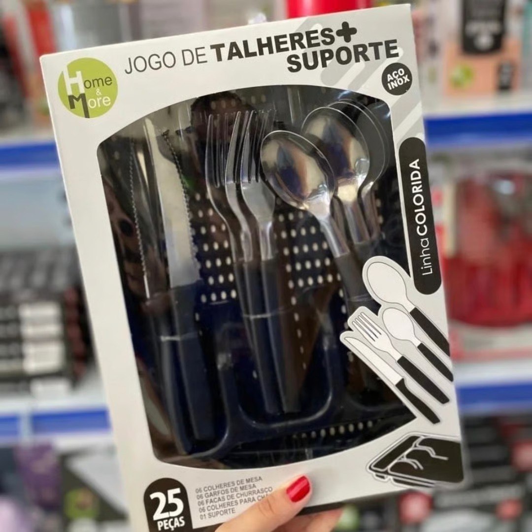 Kit Talheres 25 Pecas Porta Talher Luxo Premium Cor Preto Ke home Colher de Sopa Garfo Faca e Colher de Sobremesa
