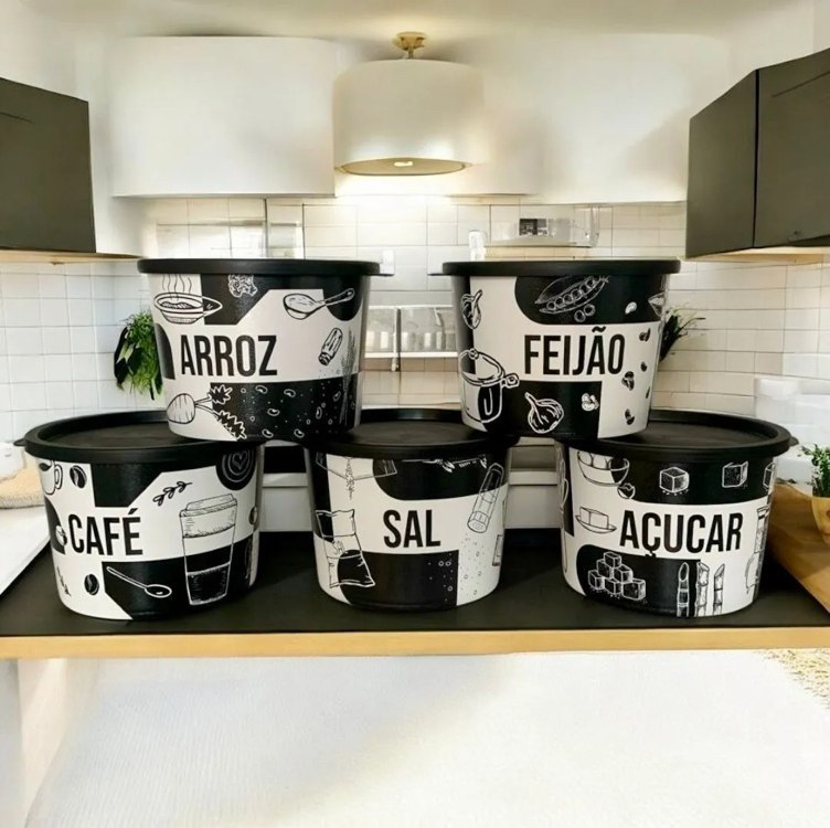Kit Porta Mantimentos 5 Peças  Redondo Com Decoração 1,5 Lt Preto