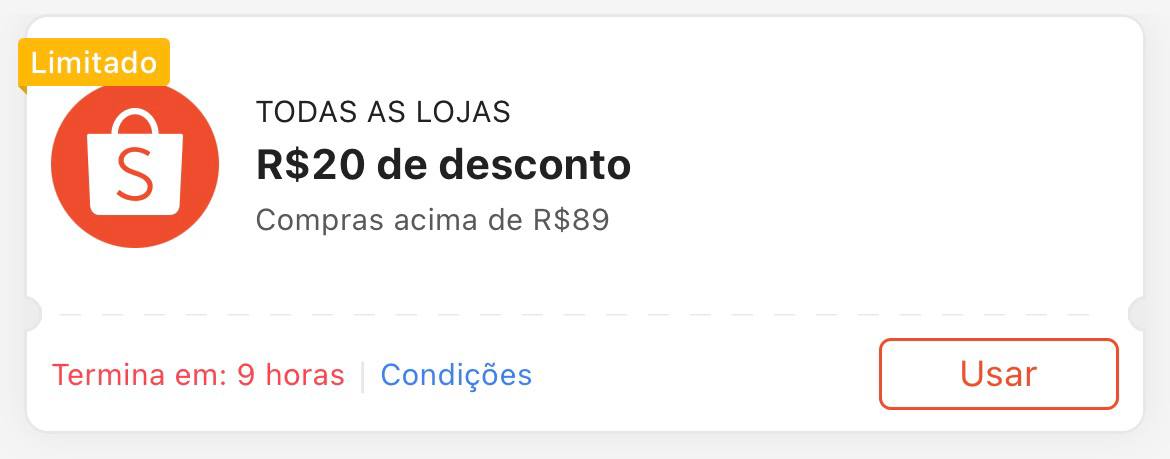 Cupom R$ 20 a partir de R$ 89 - Shopee