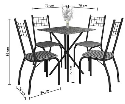 FABONE BRISA - Mesa de Jantar de Granito Quadrada com 4 Cadeiras Estofadas - Preto