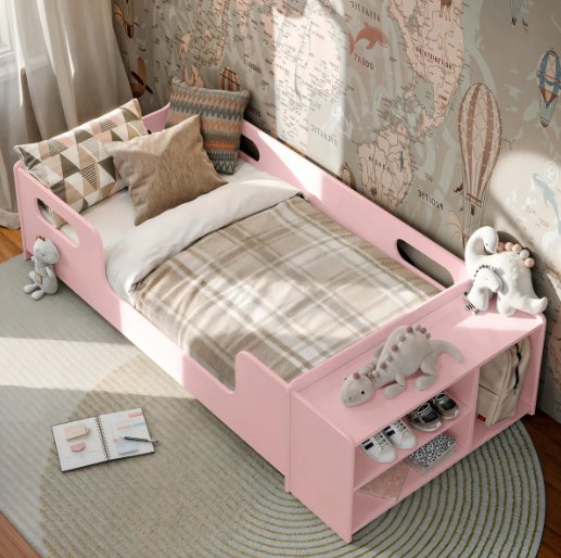 Cama Infantil Montessoriana Aconchego Rosa Com Colchão Incluso, Nicho Organizador e Sapate...