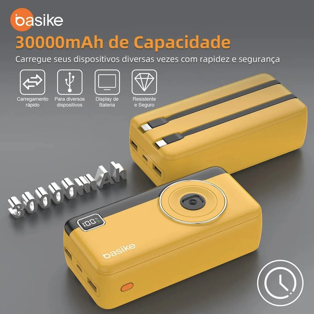 Power Bank Basike 30000mAh de Carregamento Rápido 22.5W para iPhone e Android com Cabos Integrados
