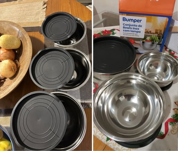 Conjunto De Bowls Tigela Inox Com Tampa Plástica Bumper Cinza