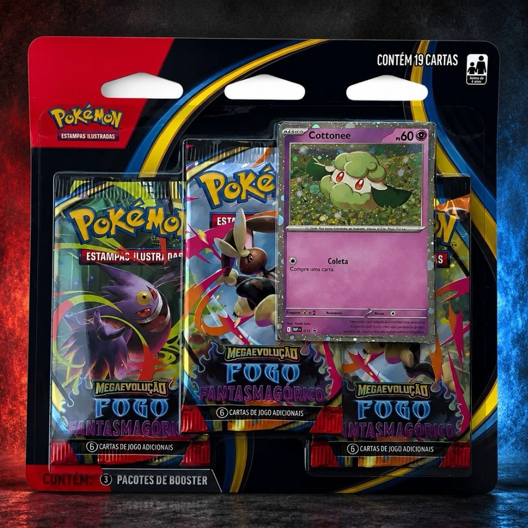 Blister Triplo Pokémon Megaevolução Fogo Fantasmagórico Português Cottonee