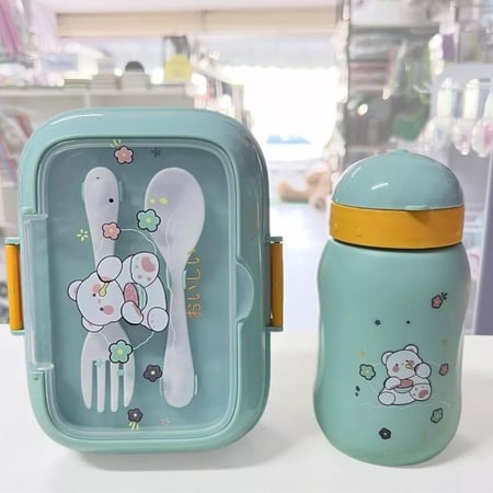 Kit Marmita Infantil com Talheres de Plástico e Garrafa de 400ml com Canudo Lancheira Esco...