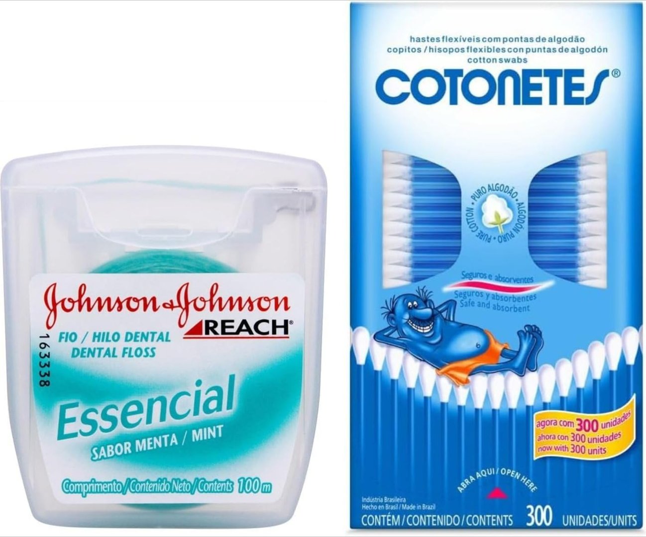 Kit Johnson's Reach Fio Dental Essencial Menta 100m + Cotonetes Hastes Flexíveis 300 unida...