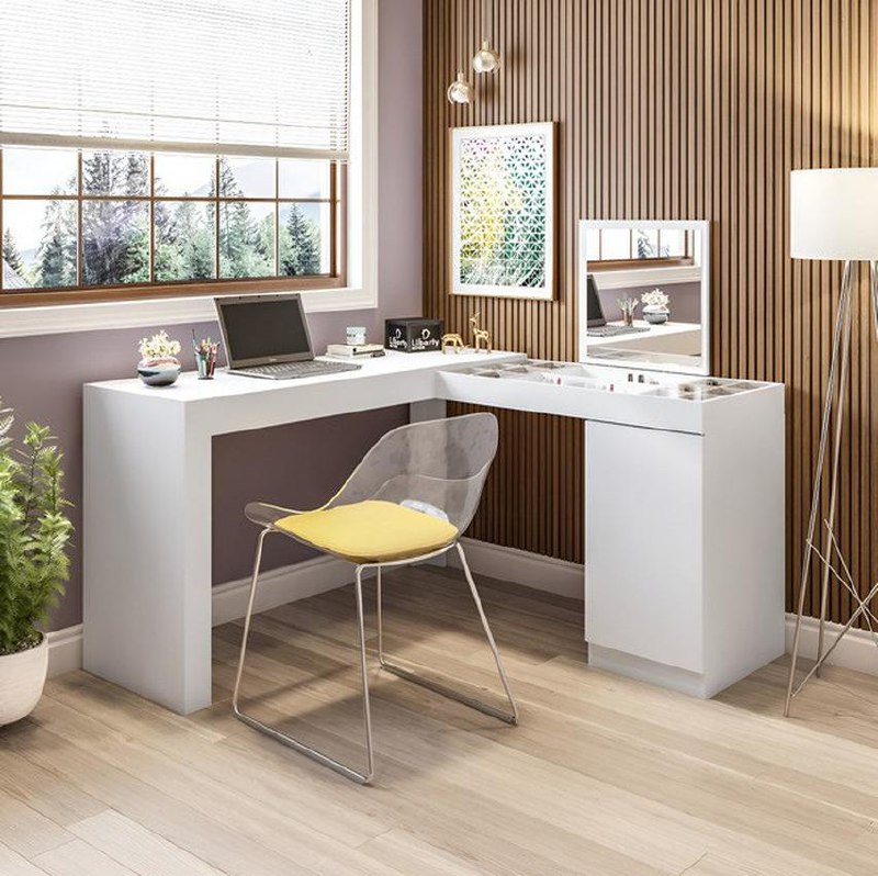 Penteadeira E Escrivaninha Organizadora De Canto Star Com Espelho Makeup Cor Branco Libert...