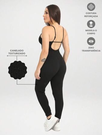 Macaquinho Macacão Longo Canelado Alcinha Roupa Feminina Academia Esportivo Fitness