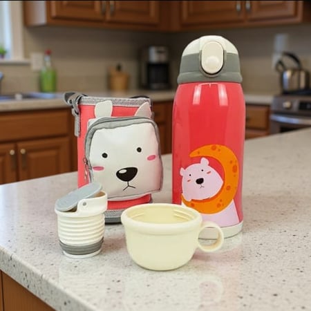 Garrafa Térmica Infantil Bebê Escola Parede Dupla Inox 550ML 2em1 +Suporte (BRANCA)