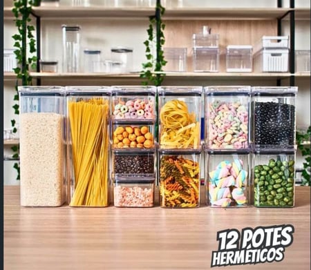 Kit Potes Porta Mantimento Hermético Quadrado Cozinha 12 Uni