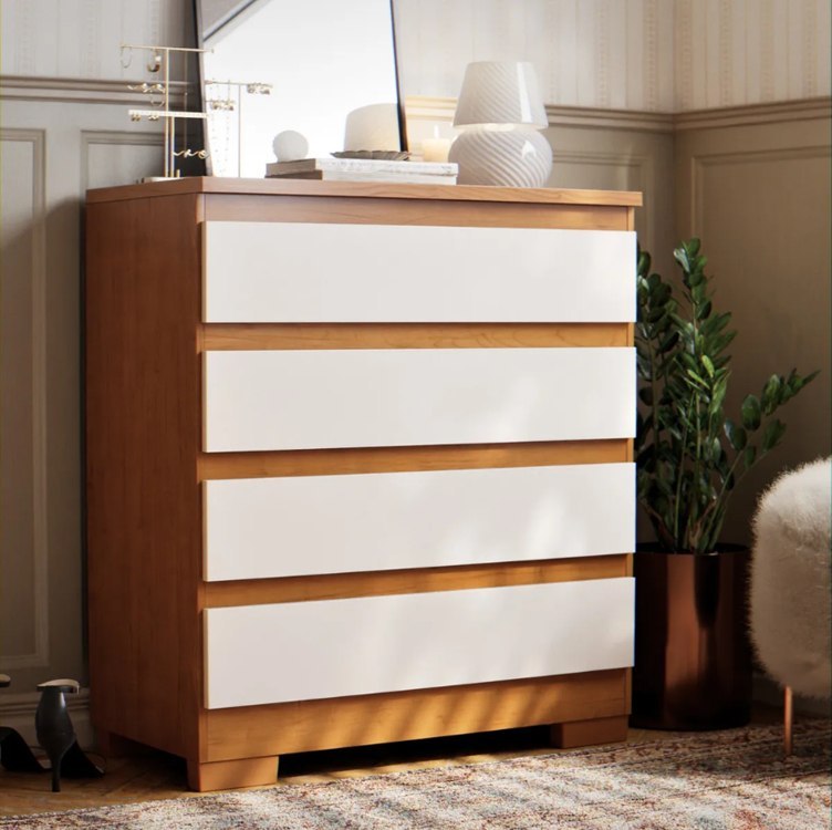 Cômoda Imperial 4 Gavetas Branco E Nature Off White Quarto Mdf Mdp Moderna Compacta Organi...