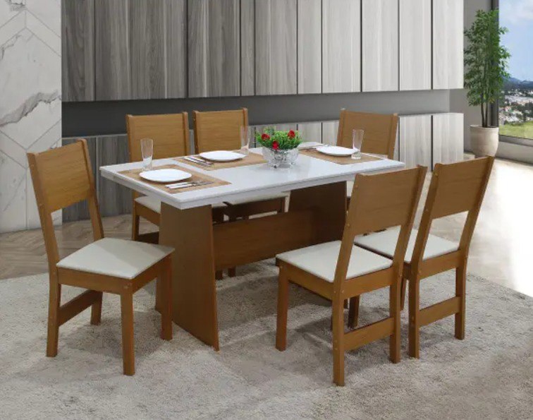 Mesa de Jantar com 6 Cadeiras Retangular Cinamomo/Off White Destak Móveis São Carlos