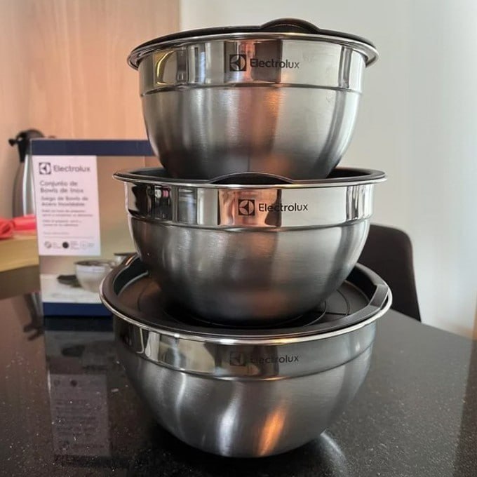 Electrolux Kit 3 Bowls Tigelas de Aço Inox com Tampa Plástica, 1,4L, 2L e 2,6L