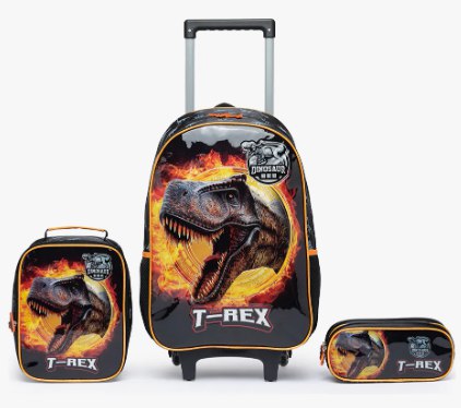 Kit Escolar Infantil Mochila de Rodinhas + Estojo e Lancheira - T-Rex ou Sereia