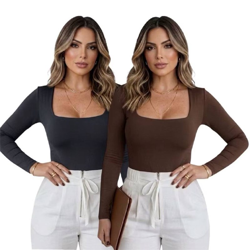 Kit 2 Blusa Feminina Manga Longa Suplex Decote Quadrado Poliamida Tee Academia Proteção UV Segunda