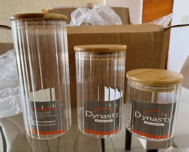 Conjunto de 3 Potes de vidro frisado com tampa de bambu Mantimento Alimento Armazenamento Canelado