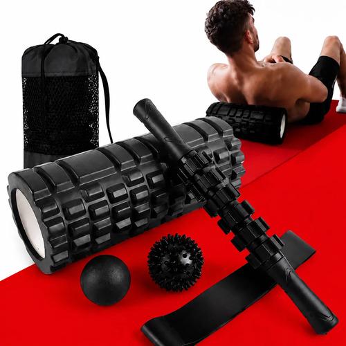 Kit Massagem 4 Em 1 Com Rolo Miofascial Bastão Bola Com Mini Band