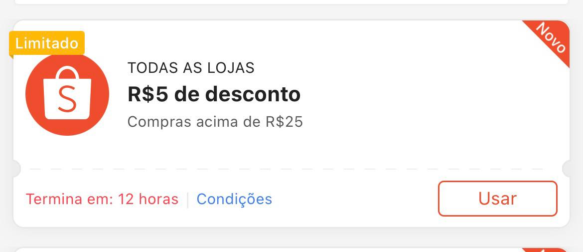 Cupom R$ 5 a partir de R$ 25 - Shopee