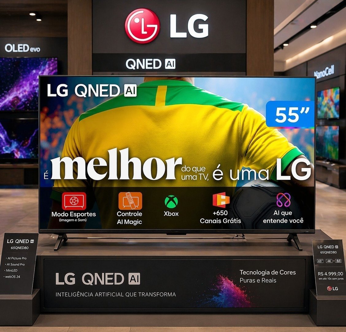 Smart TV 55" QNED LG 4K UHD WebOS 25 α7 AI Processor 4K Gen8 HDMI USB Upscaling Google Cast Controle Ai Smart Magic Comando de Voz