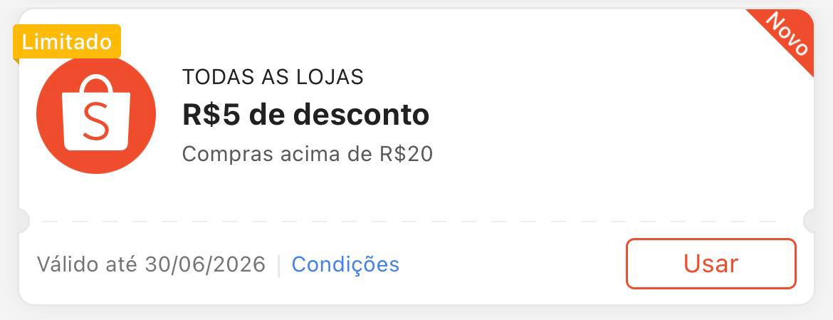 Cupom R$ 5 a partir de R$ 20 - Shopee