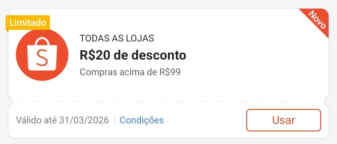 Cupom R$ 20 a partir de R$ 99 - Shopee