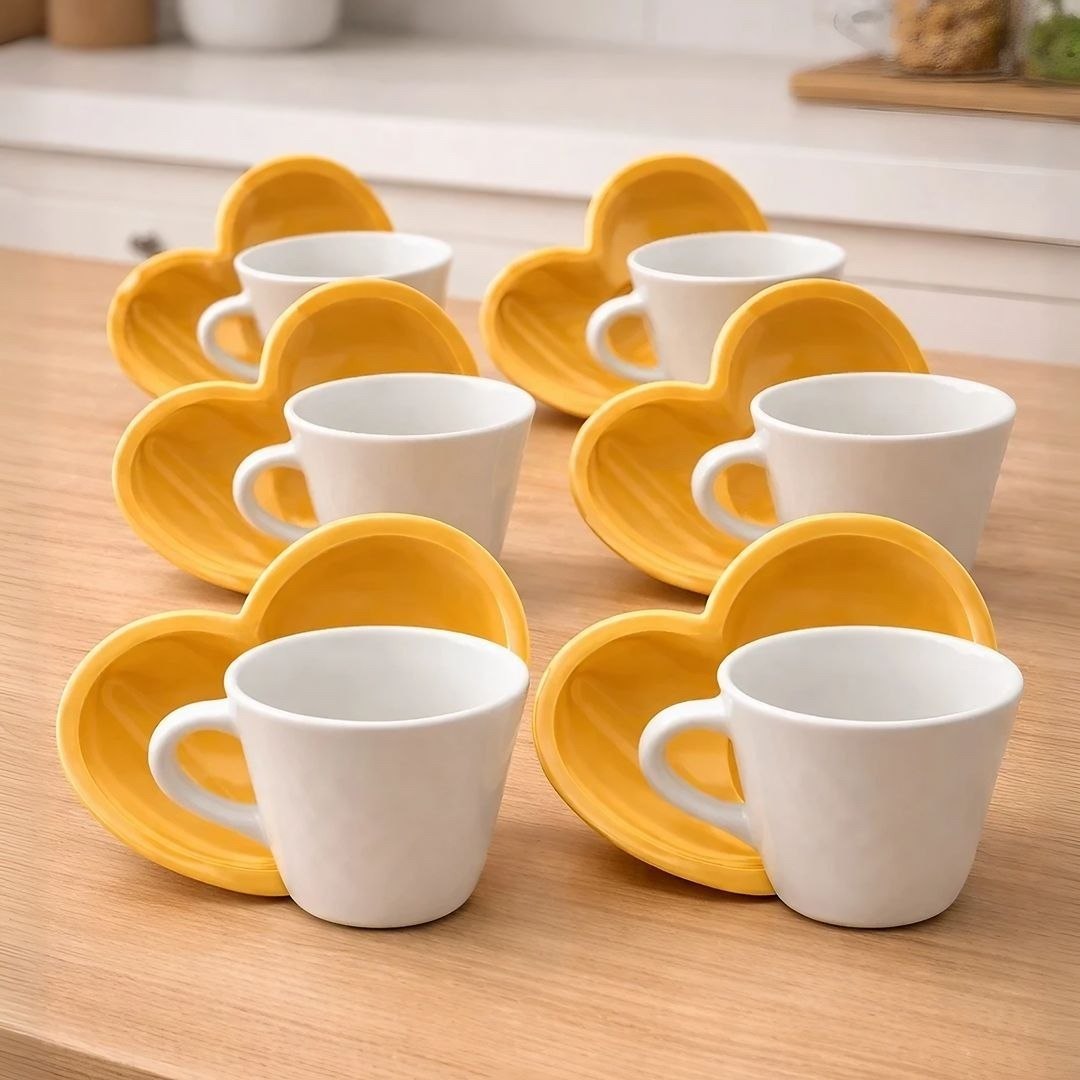 Jogo 6 Xicaras Café Porcelana Branca Com Pires Coração 65ml Cor Branco Café Expresso
