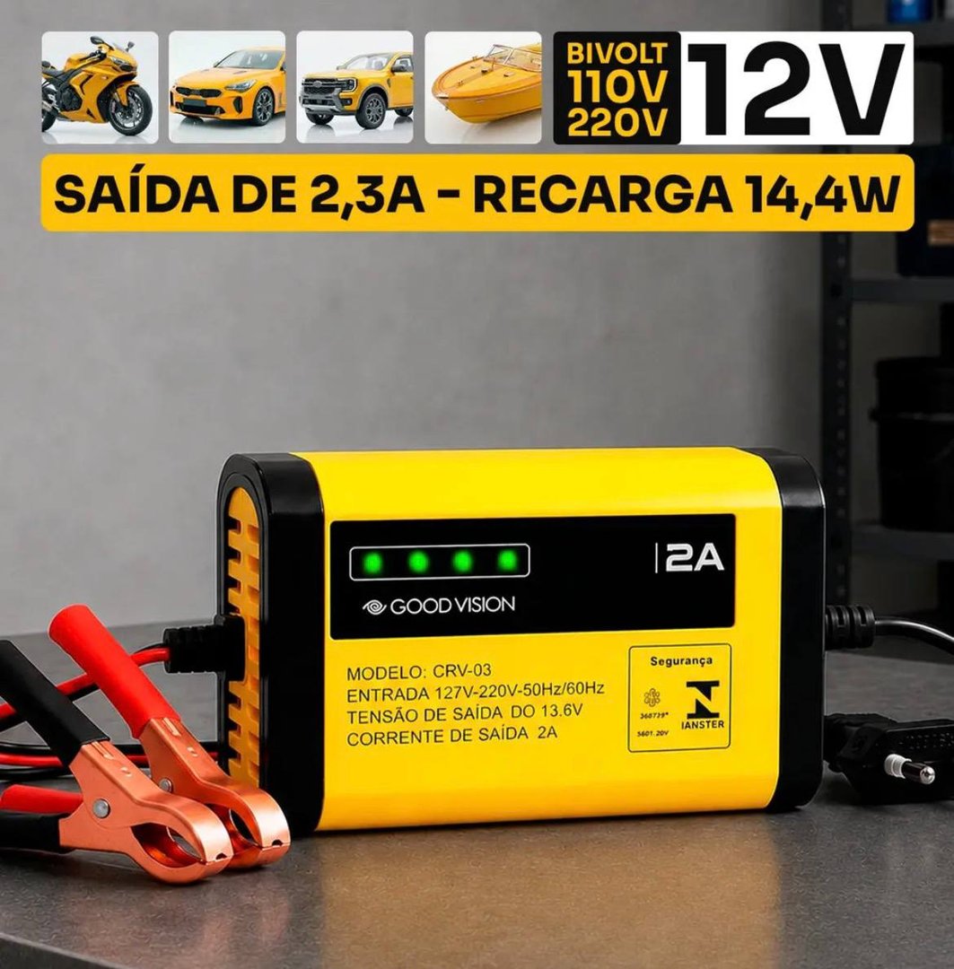 Carregador Bateria Automotivo 12v Até 300 Amperes, Carga Lenta 2a, Inteligente, Portátil, Carro, Moto, Caminhão, Jet Sky, Empilhadeira, Bivolt 110/220v - Good Vision