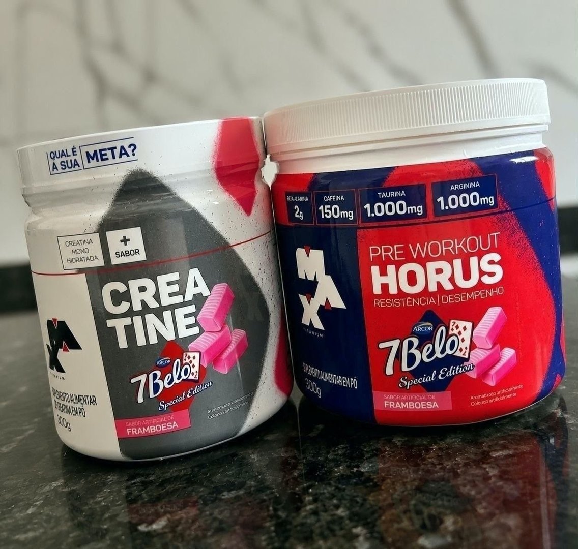 Kit Pré Treino Hórus 7 Belo + Creatina 7 Belo Max Titanium 300g Framboesa 150mg Cafeína Energia Força Performance
