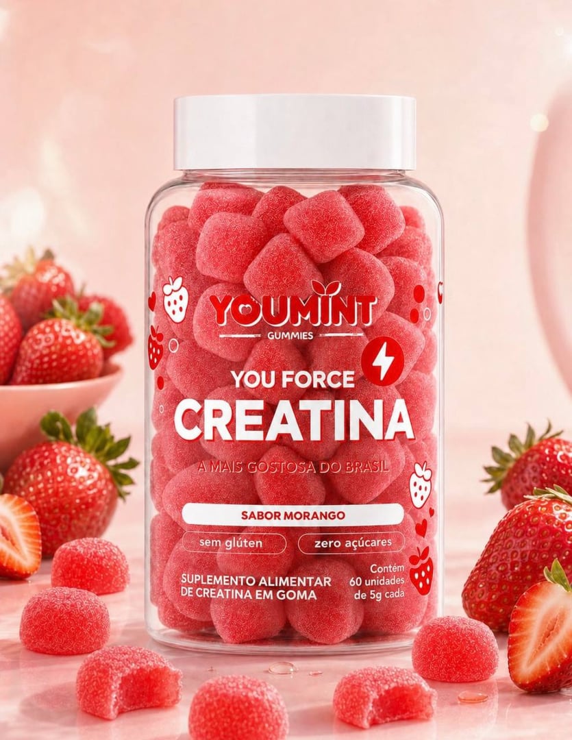 CREATINA GUMMY YOUMINT – SABOR MORANGO – ZERO AÇÚCARES – 60 GOMAS