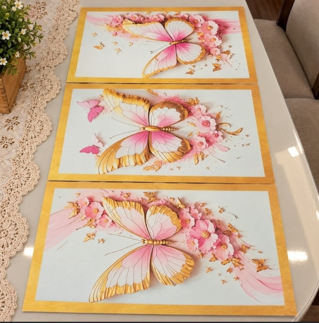 Kit 3 Quadros Decorativos 60x40cm Borboletas Delicadas Rosa-claro Rosa