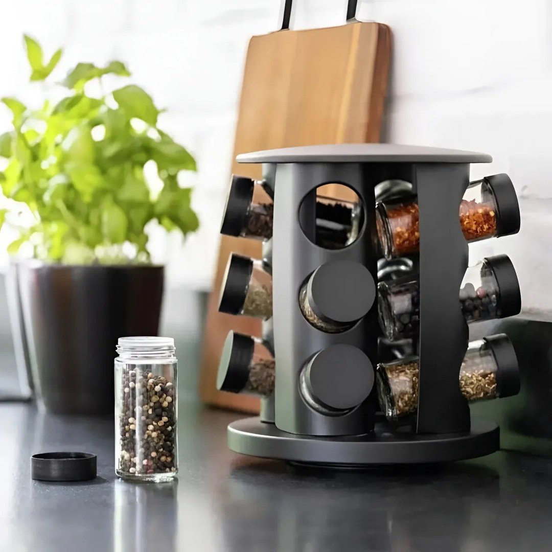 Porta Condimento Temperos Giratório 9 Potes Vidro Com Tampa Cor Preto