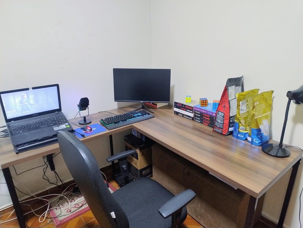 Escrivaninha em L Trevalla Kuadra Estilo Industrial 2 Peças Nogal