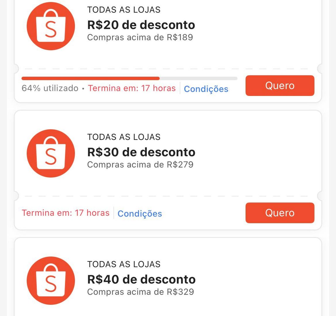 Vários Cupons Liberados - Shopee