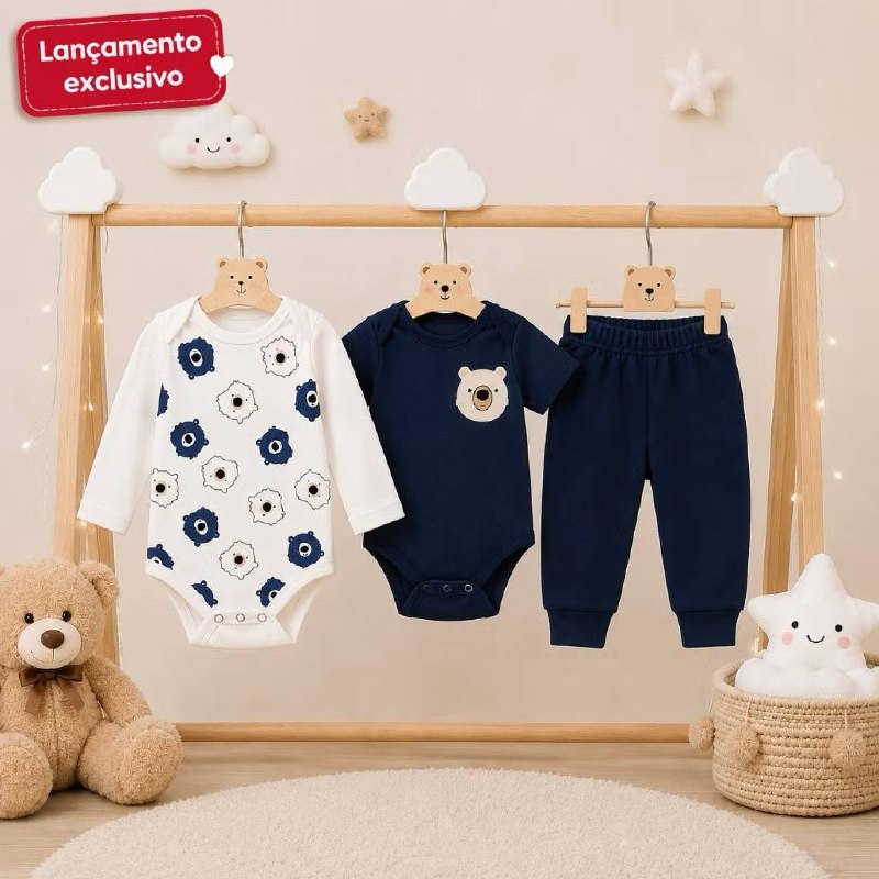 Conjunto Roupa 3 Peças Body Calça Mijao Bebe Menino 100% Algodão Estampas Divertidas