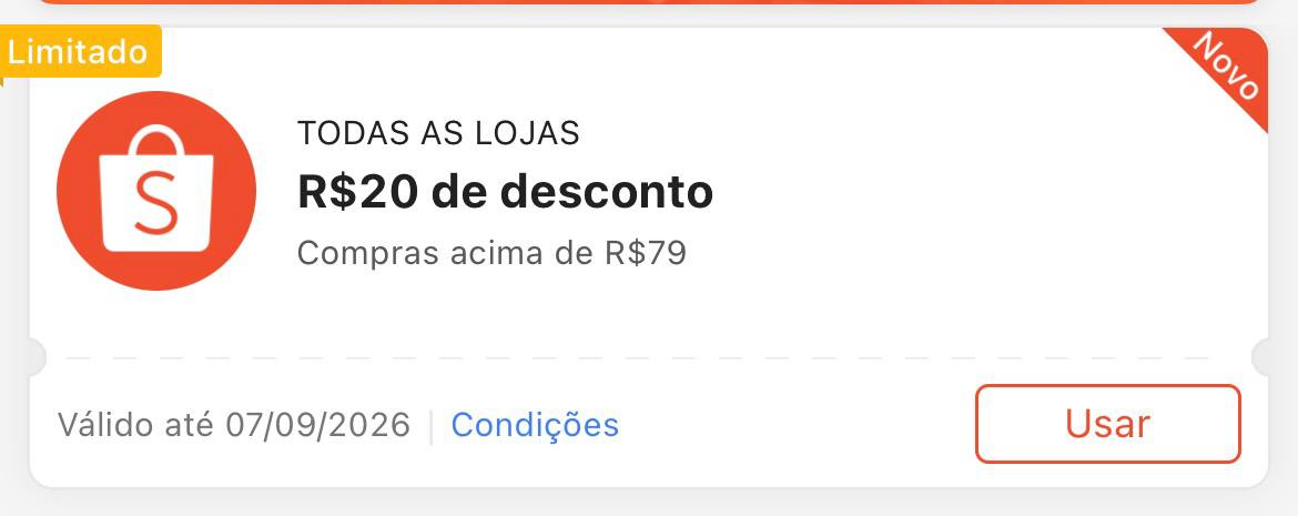 Cupom R$ 20 a partir de R$ 79 - Shopee