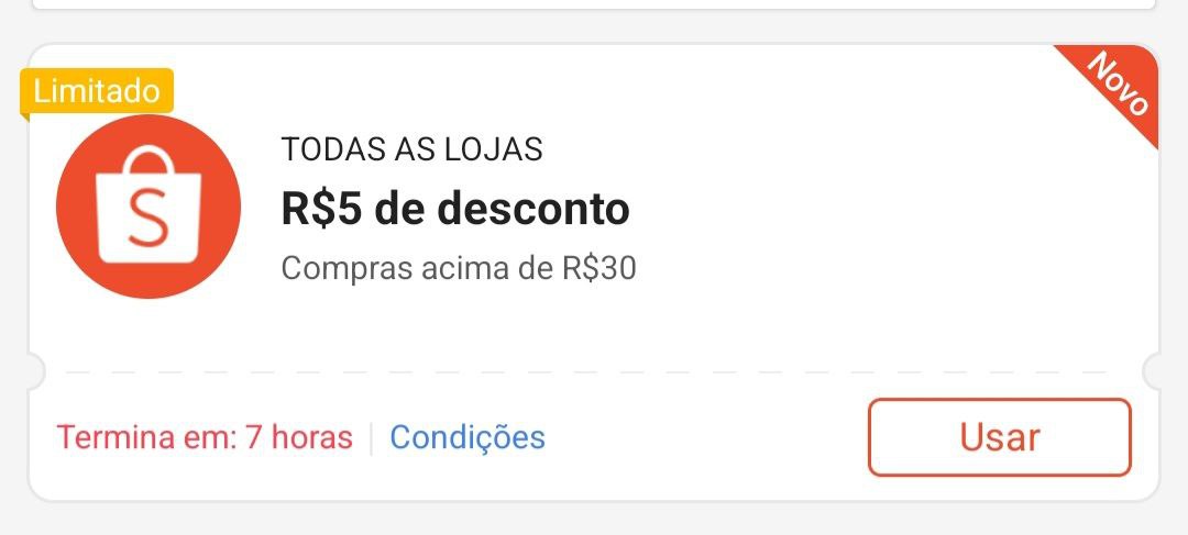 Cupom R$ 5 a partir de R$ 30 - Shopee