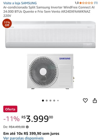 Ar-condicionado Split Samsung Inverter WindFree Connect AI 24.000 BTUs Quente e Frio Sem V...