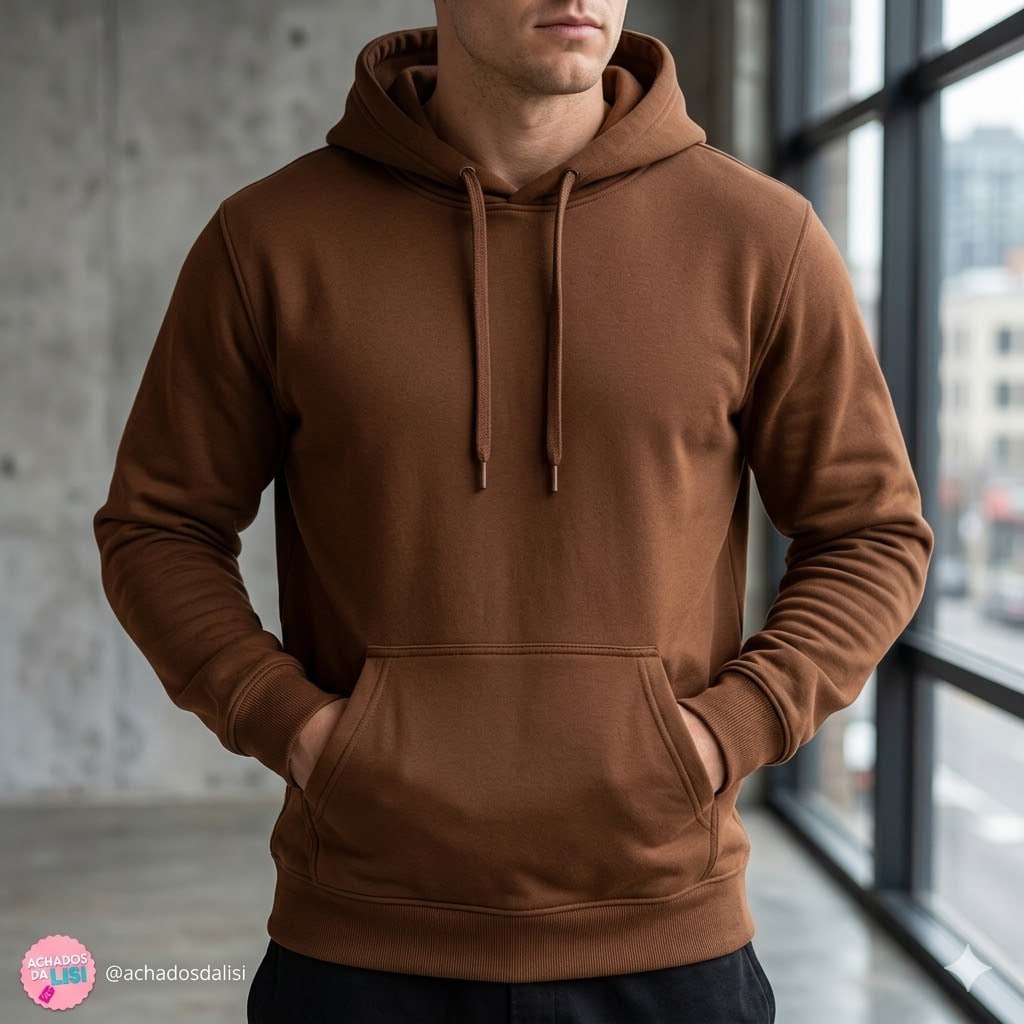Moletom Liso Algodão Unissex Blusa De Frio Canguru Flanelado G Marrom