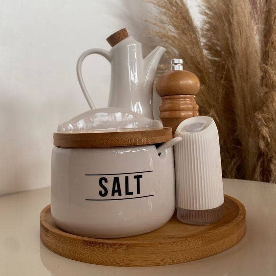 Saleiro De Porcelana Com Colher E Tampa De Bambu