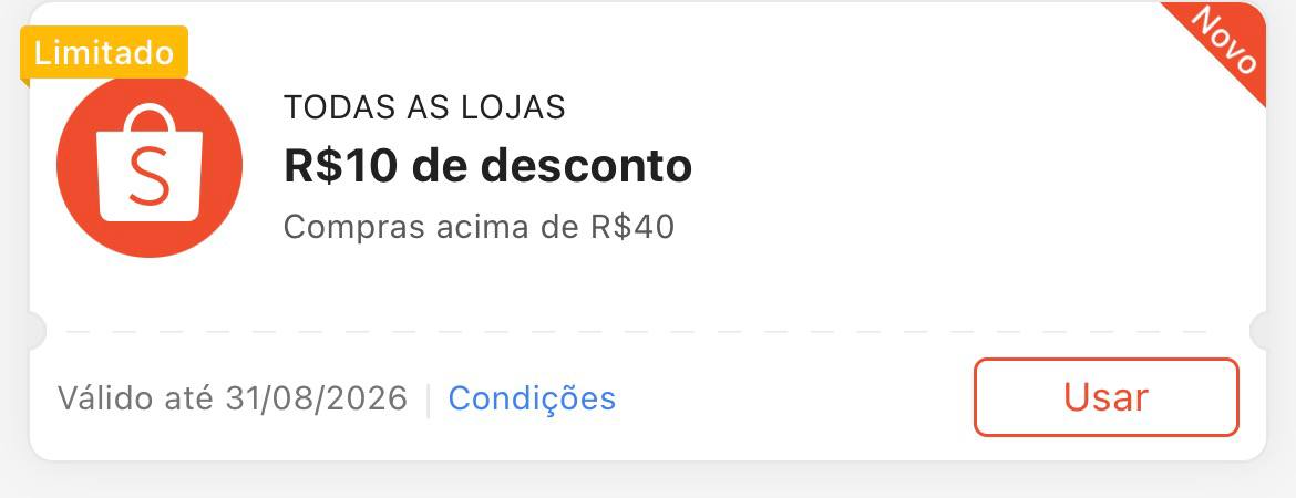 Cupom R$ 10 a partir de R$ 40 - Shopee