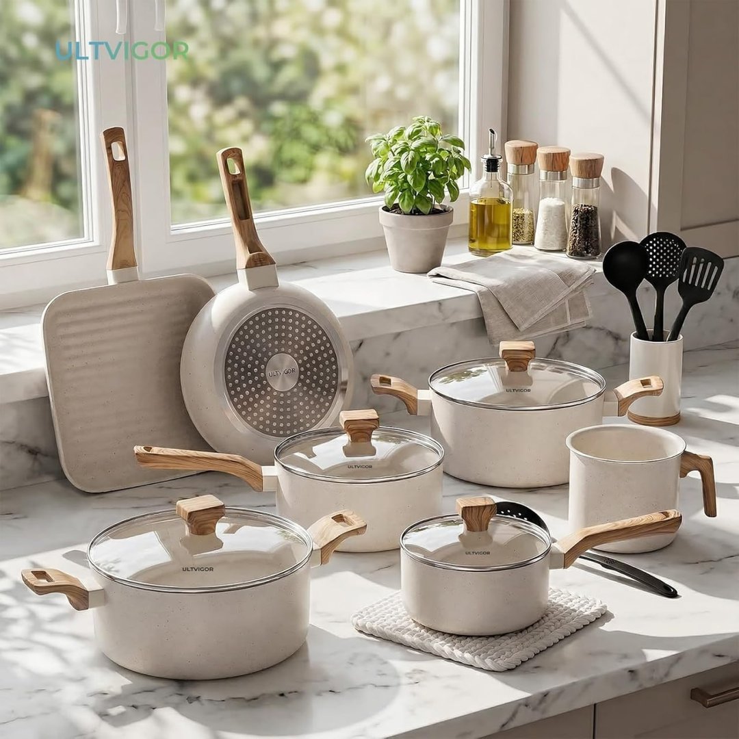 ULTVIGOR, Jogo de Panelas Cerâmica Antiaderente Indução 10 Peças, Compatível com Fogão de ...
