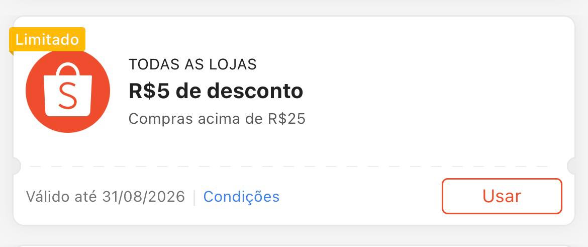 Cupom R$ 5 a partir de R$ 25 - Shopee