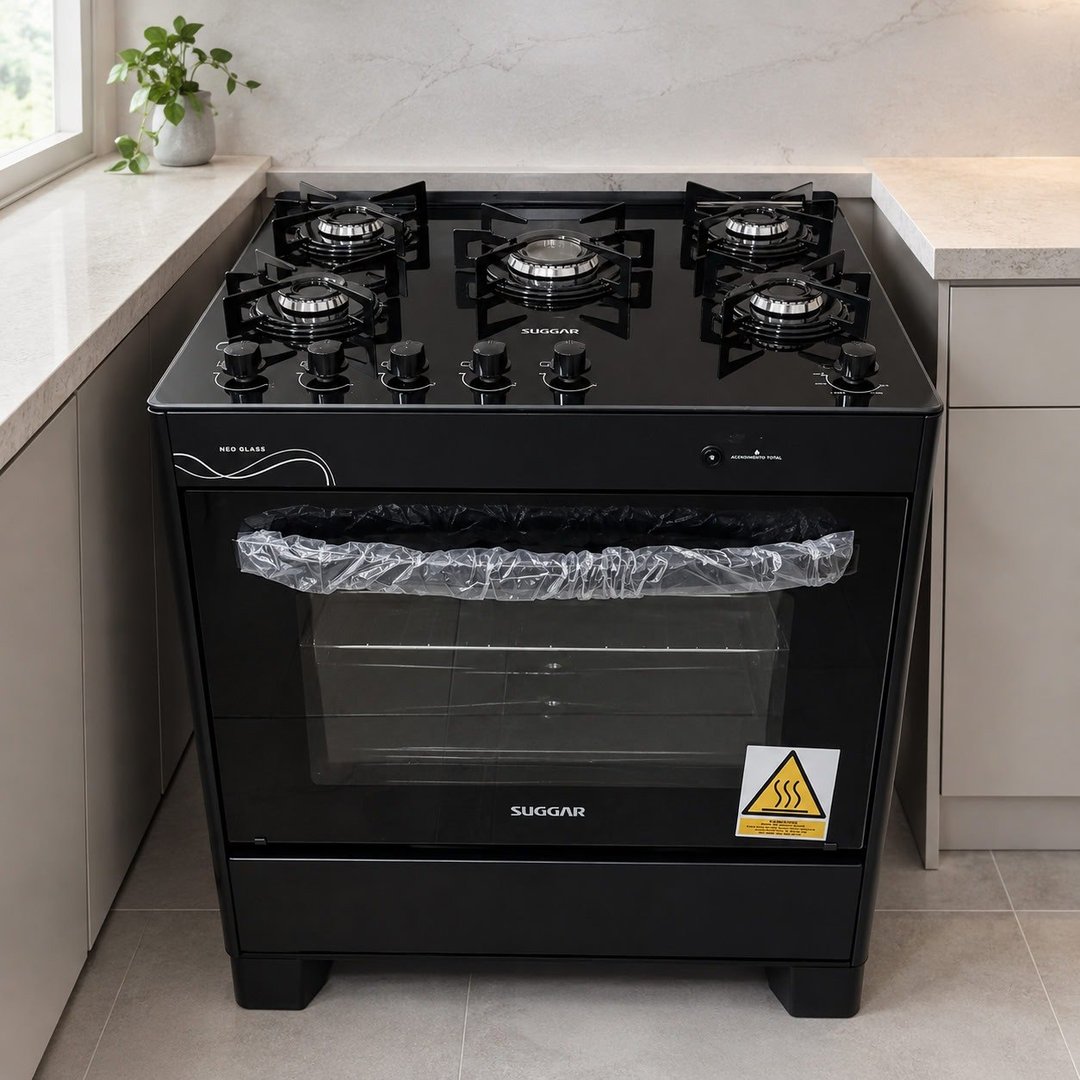 SUGGAR FOGÃO NEO GLASS PRETO MESA DE VIDRO 5 BOCAS TREMPE 6 APOIOS ACENDIMENTO AUTOMÁTICO FGVNG510PT