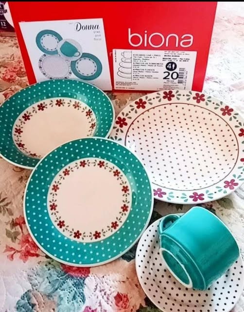 🤓Aparelho de Jantar e Chá 20 Peças Biona de Cerâmica Redondo Branco e Azul Claro Donna Ox...
