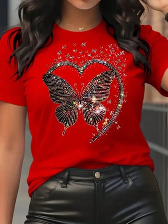 Camisa Feminina, 100%algodão, Unissex, Casual, Estampa Borboleta Brilhante, Modelo Verão, ...