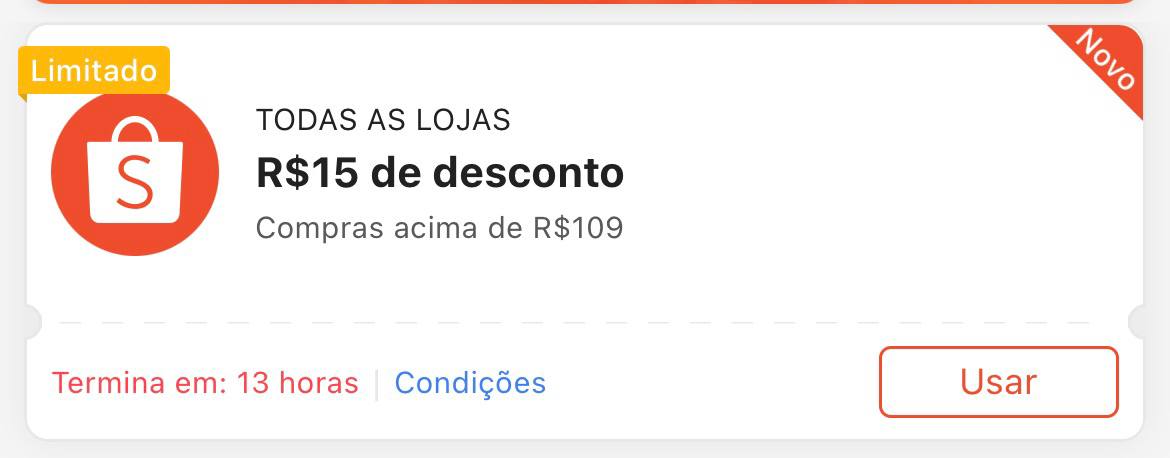 Cupom R$ 15 a partir de R$ R$ 109 - Shopee