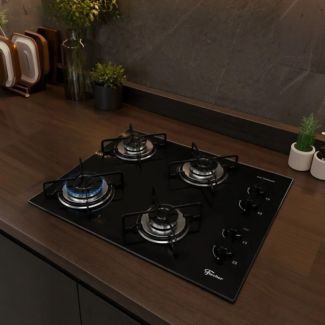 FISCHER COOKTOP À GÁS 4 BOCAS FIT LINE TREMPE ARAMADO MESA VIDRO PRETO BIVOLT 36350-102675
