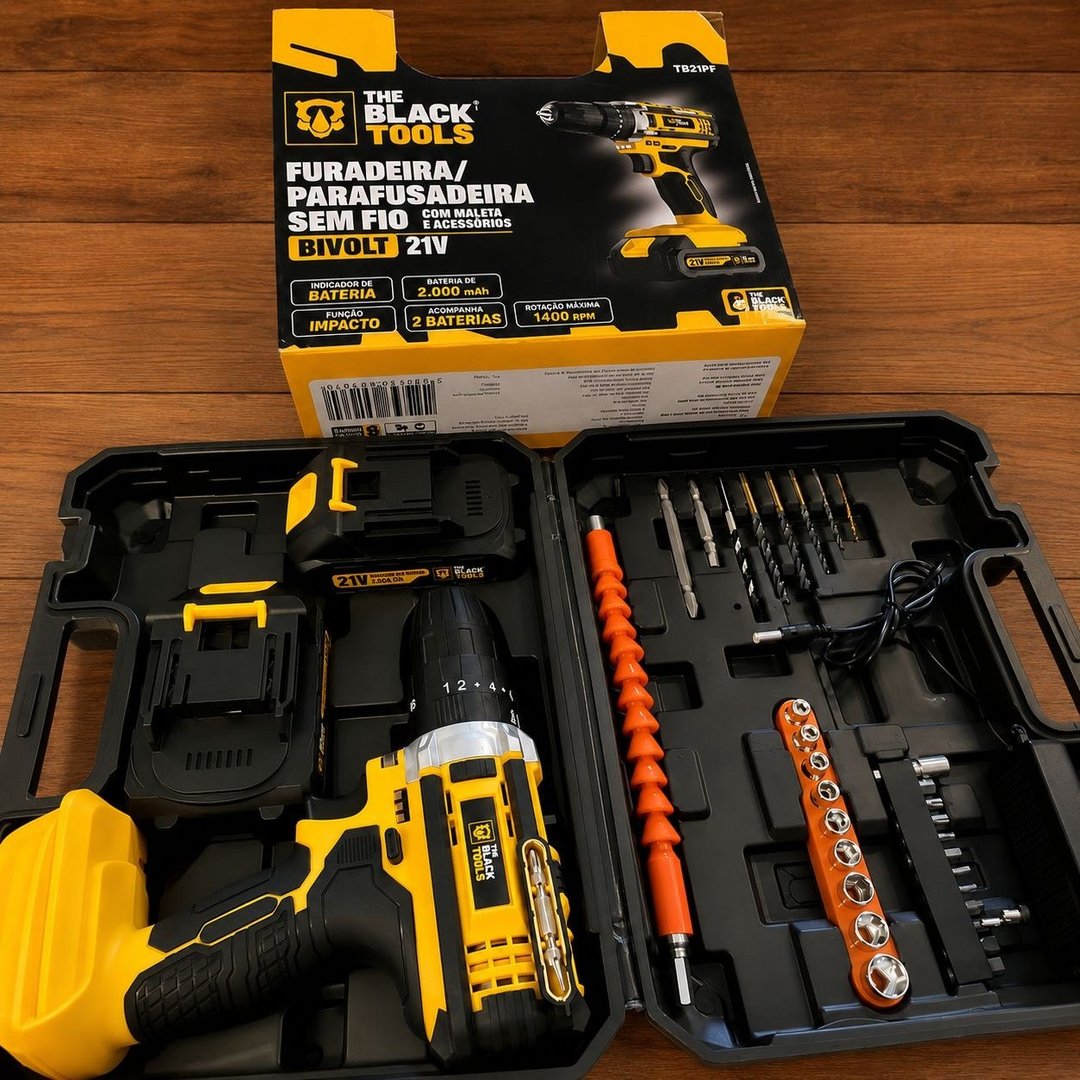 Parafusadeira Furadeira De Impacto The Black Tools Profissional TB-21PX 2 Baterias Com Maleta 60Hz Amarelo